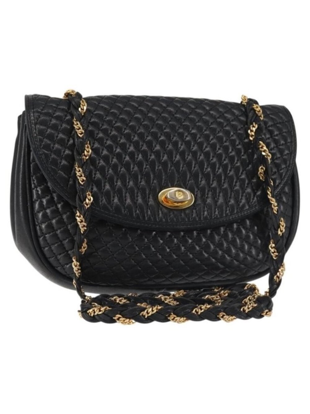 Authentic BALLY Chain Shoulder Bag Leather Black Gold